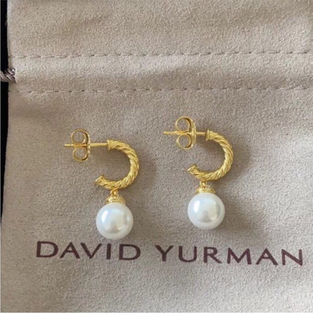 David Yurman Gold Cable Pearl Drop Hoop Earrings - Gold and White